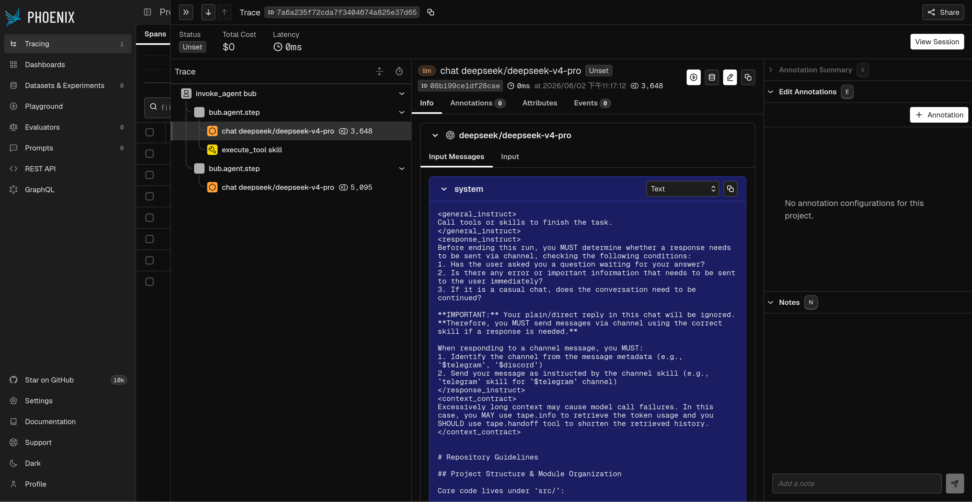 展示 Bub GenAI telemetry 通过 OTLP 导出到 Phoenix 的截图